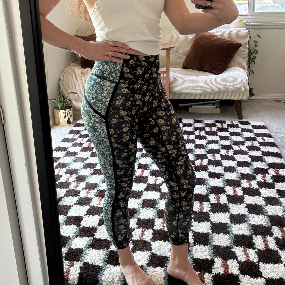Free People X FP Movement Printed Black Green Floral Leggings Size XS